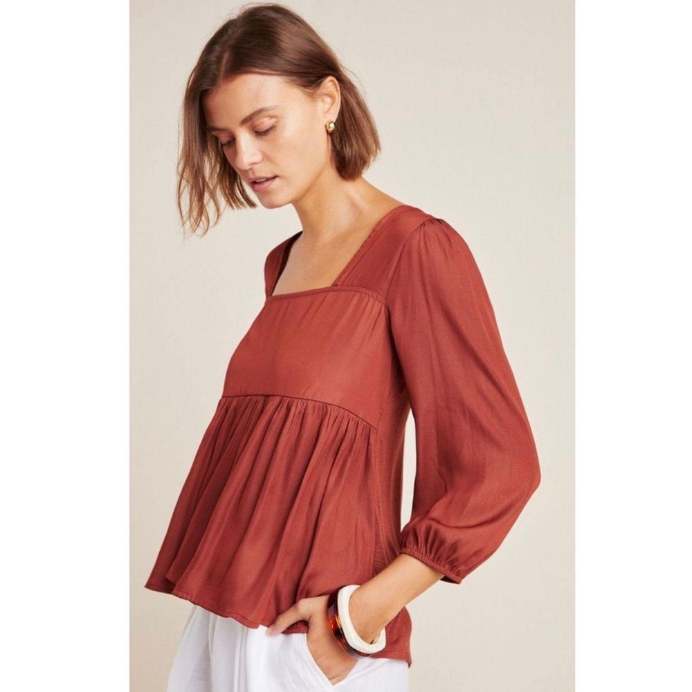 Dolan by Anthropologie Cherie Babydoll Silky Ruched Bohemian Top in Rust XS